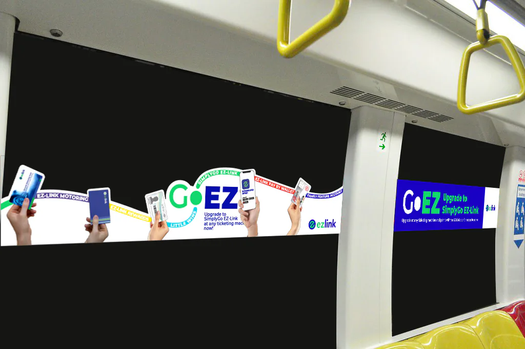 GoEZ stickers running along the interior panel of a train carriage