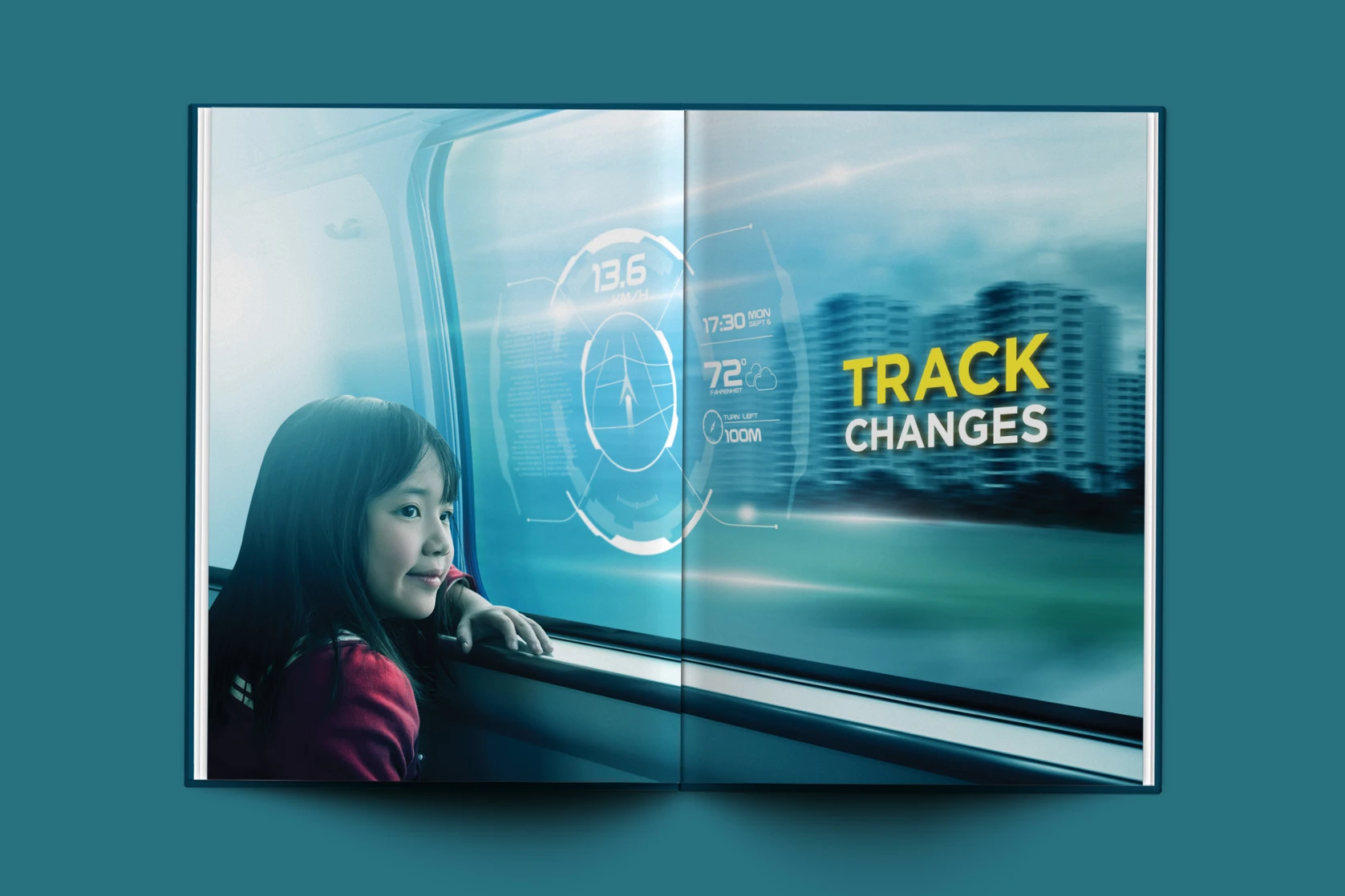 Annual report spread titled Track Changes, a child looking out of a train window