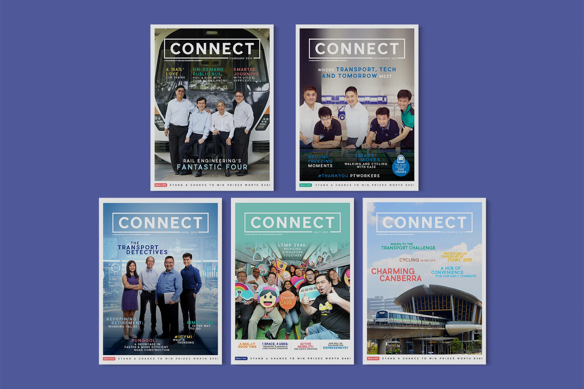 Five CONNECT newsletter covers laid out together