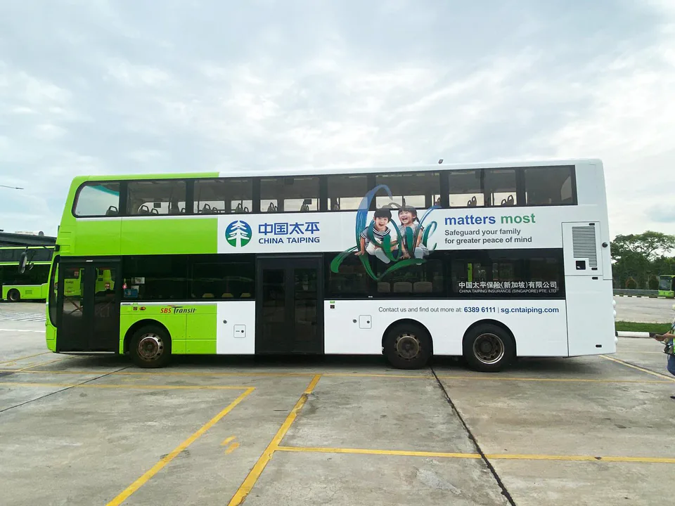 China Taiping livery on a bus, side view