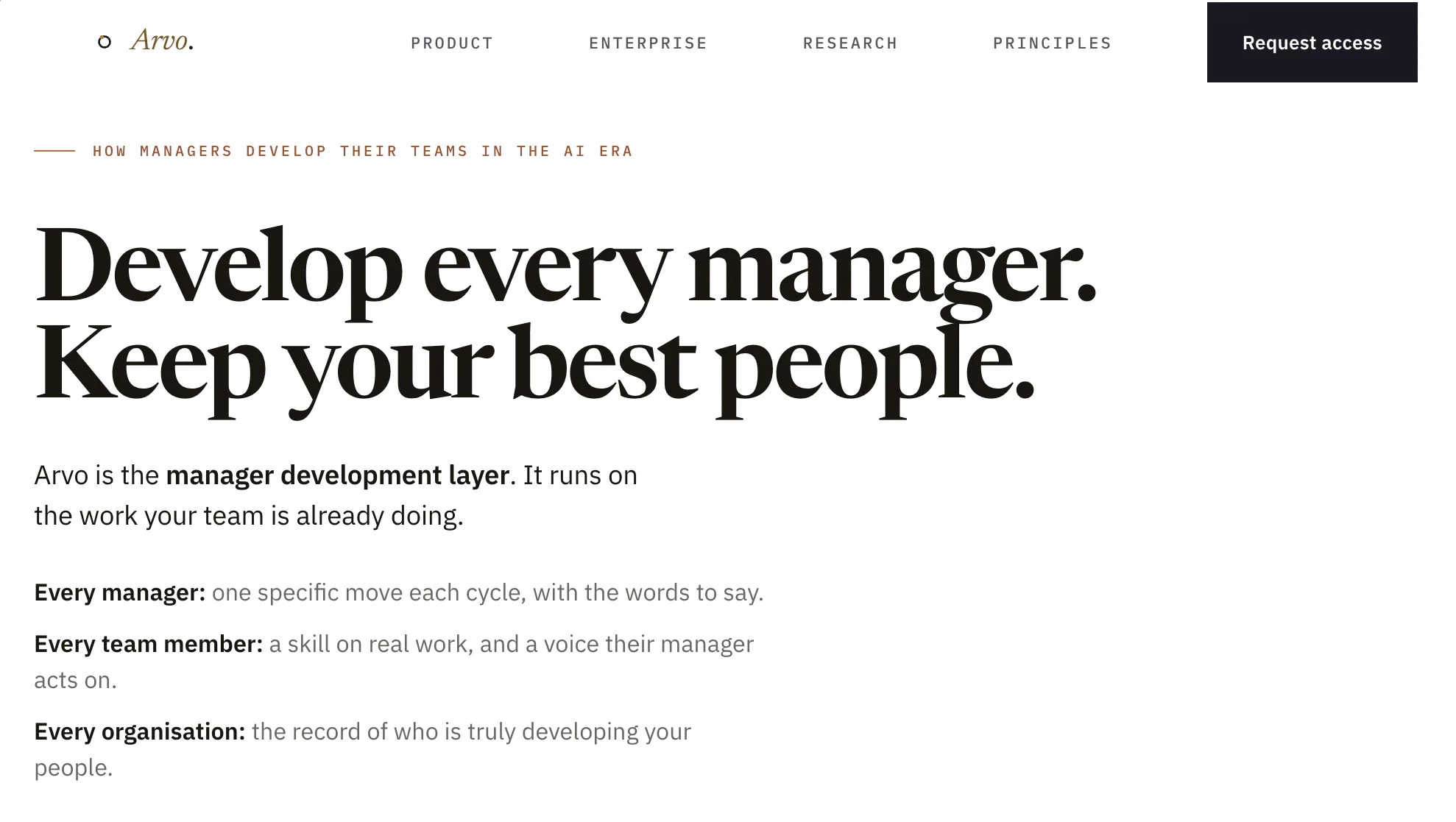 The live Arvo website, headlined Develop every manager, keep your best people