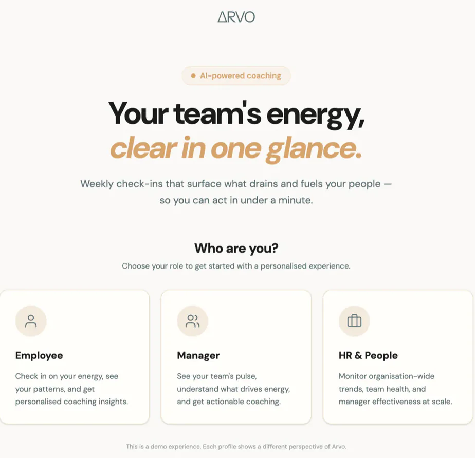 Arvo entry screen, choosing between the employee, manager and HR views